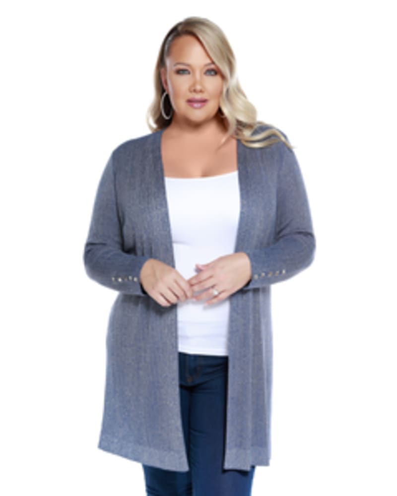 Front of a model wearing a size 1X Lucy Long Metallic Cardigan in MINERAL BLUE/SILVER by Belldini Black Label. | dia_product_style_image_id:246195